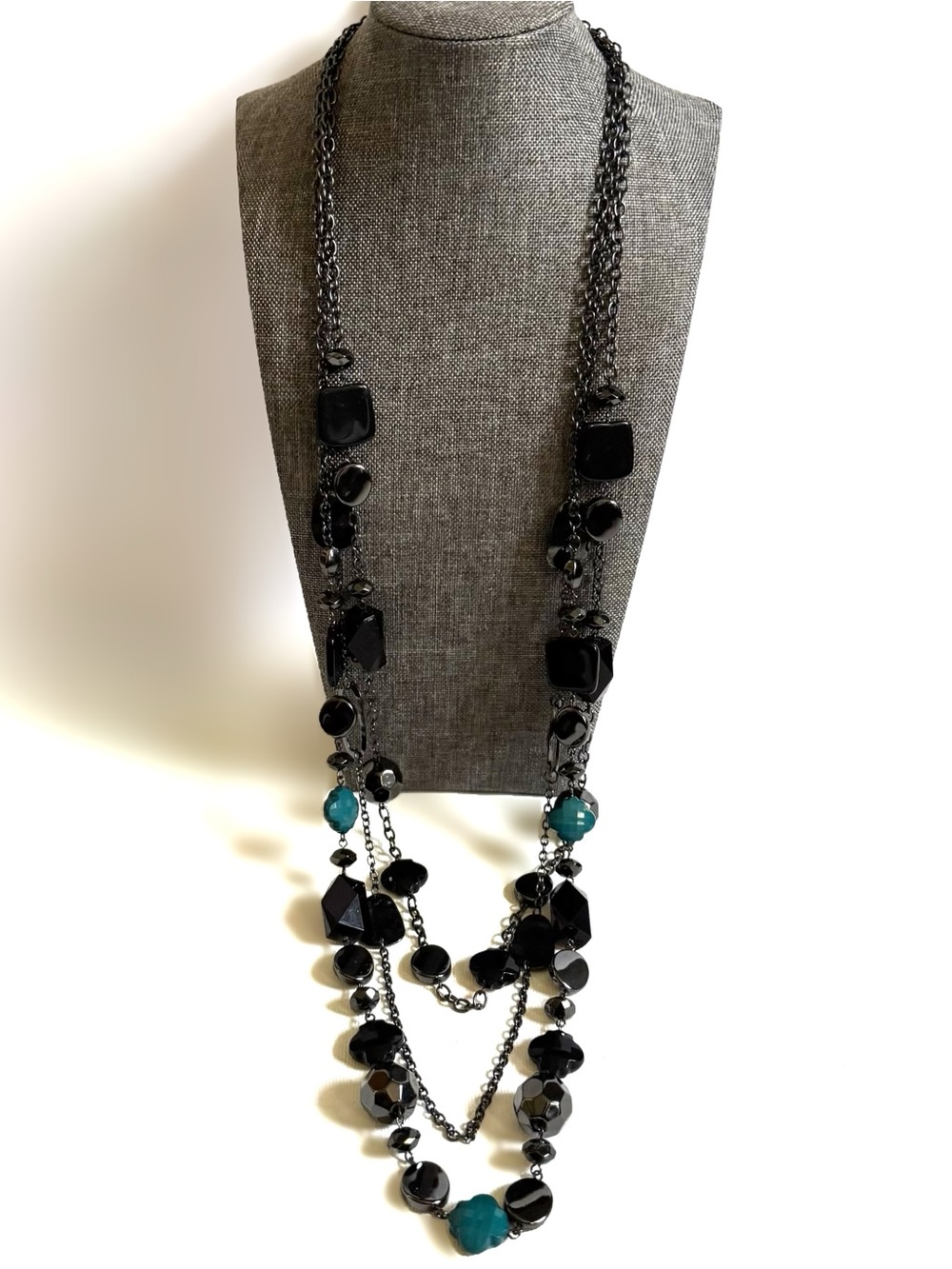 Catherines Black Teal Multi Strand Beaded Long Statement Necklace Artsy Y2K Boho